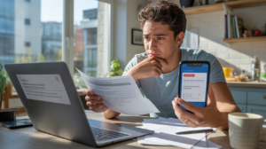 Personne examinant un email suspect dans un appartement réaliste, symbolisant la vigilance contre le phishing bancaire.