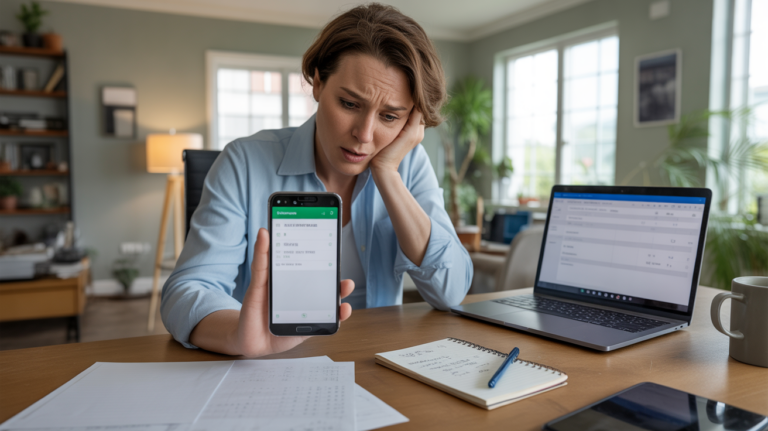 Personne inquiète vérifiant un virement non reçu sur son smartphone dans un bureau à domicile réaliste avec ordinateur, documents et lumière naturelle.