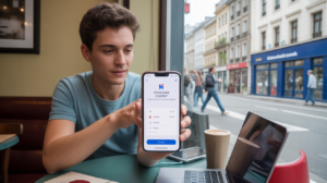 Personne dans un café réalisant un virement instantané sur son smartphone avec une scène de rue européenne réaliste en arrière-plan.