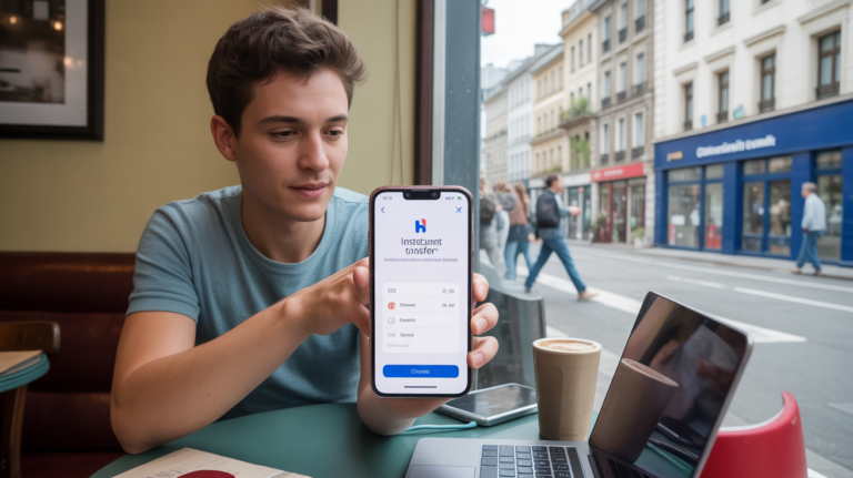 Personne dans un café réalisant un virement instantané sur son smartphone avec une scène de rue européenne réaliste en arrière-plan.